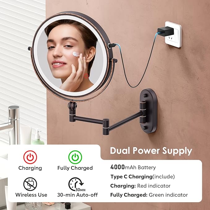 IMIKONA 9" Wall Mounted Lighted Makeup Mirror,4000mAh Rechargeable Double Sided 1X/10X Magnifying Mirror with Light,3 Color Lights,Touch Dimmable,Extended Arm 360 Rotation Wall Mounted Makeup Mirror