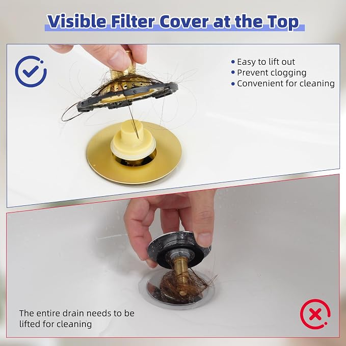 2PCS Universal Metal Bathtub Drain Stopper Top Hair Catcher, Brushed Gold | Shower Drain Tub Stopper with Stainless Steel Visible Filter Basket, Upgraded 3 in 1 Pop-up Drain Plug for 1.5 to 2.4" Hole