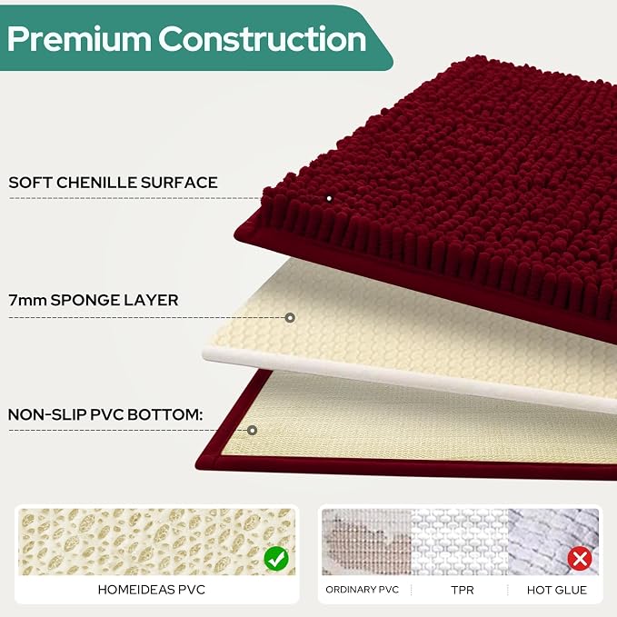 HOMEIDEAS 3 Pieces Burgundy Bathroom Rugs Set, Ultra Soft Non Slip Bath Rug and Absorbent Chenille Bath Mat, Includes U-Shaped Contour Rug, Bath Mat and Toilet Lid Cover, Perfect for Bathroom, Tub