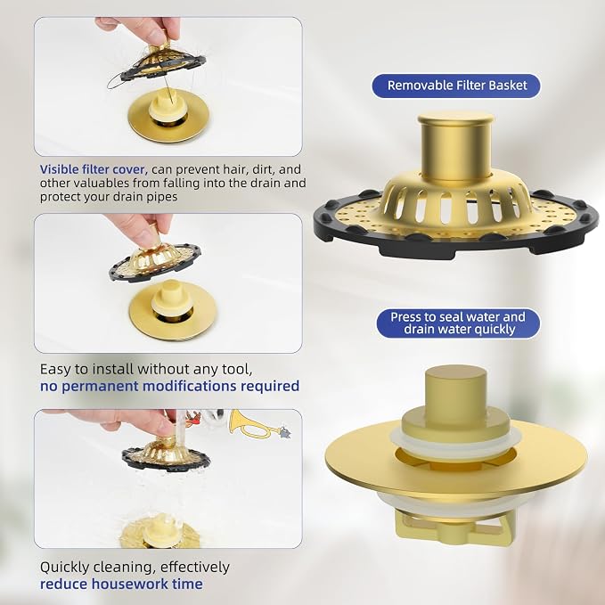 Universal Bathtub Drain Stopper All Metal Top Hair Catcher, Brushed Gold | Shower Drain Tub Stopper with Stainless Steel Visible Filter Basket, Upgraded 3 in 1 Pop-up Drain Plug for 1.5 to 2.4" Hole