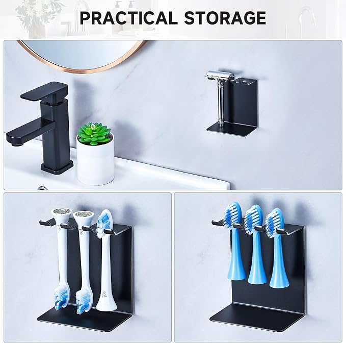 Electric Toothbrush Head Holder, Oukimly Toothbrush Holder Wall Mounted or Desktop, Metal Tooth Brush Holder, Shower Brush Head Holder, Electric Toothbrush Holder for Bathroom (Black, Small)