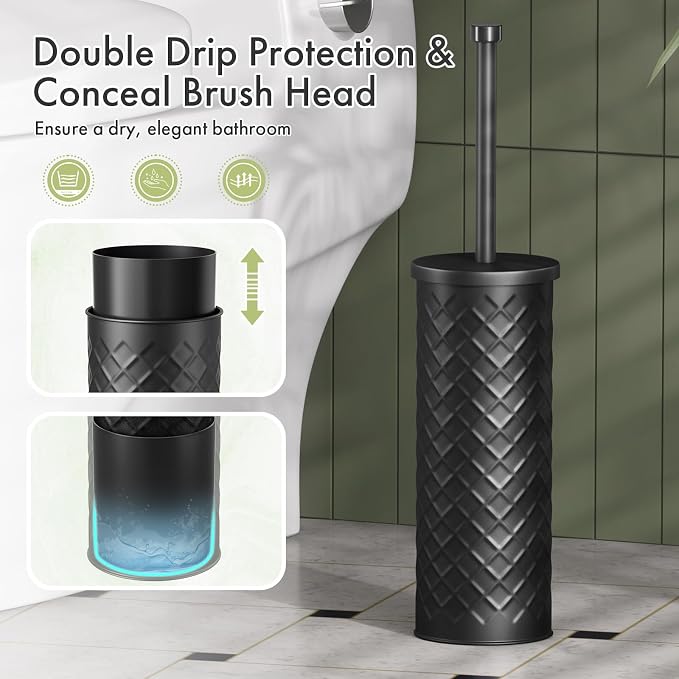 Toilet Bowl Brush and Holder Set 2 Pack with 4 Extra Brush Heads (Black) | Extra Long Handle with Splash Guard Cover, Tool-Free Installation, Bathroom Space-Saving, Cleaner Sets for Apartments, RV