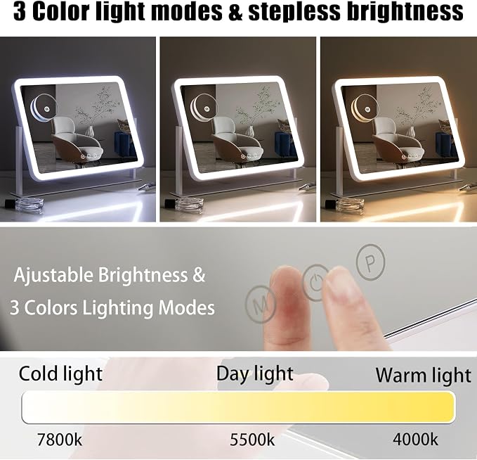 HIEEY Vanity Mirror with Lights, 17.4" x 13.5" Lighted Makeup Mirror, Three Color Lighting Modes, and 5X Magnification Mirror, Smart Touch Control, 360°Rotation (White,Gift Box)