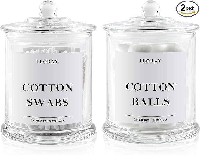 LEORAY 2 Pack Glass Qtip Holder Dispenser with Lids, Airtight Waterproof Apothecary Jars, 16 Oz Vanity Organizer Bathroom Canisters for Cotton Swabs, Balls, Pads, Floss Picks, Transparent