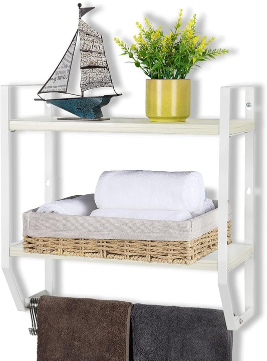 OYEAL Bathroom Shelf with Towel Bar Wall Mounted Towel Rack Rustic Towel Shelf for Bathroom with 5 Hooks, 2 Tier Shelf Storage Organizer for Living Room, Kitchen, Bedroom, White