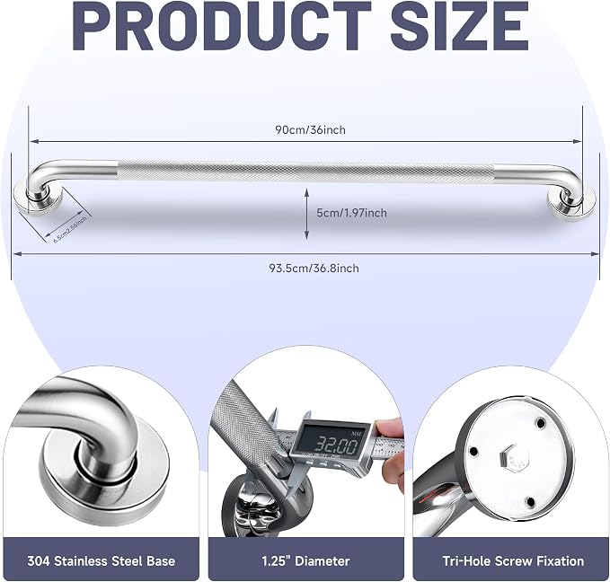36 Inch Shower Grab Bar, Brushed Nickel Anti Slip Safety Bars, 304 Stainless Steel Bathroom Handrail, Handicap Grab Bars for Wall, Shower Grip Handle for Seniors Elderly Injury Assist Bath (1.25" Dia)