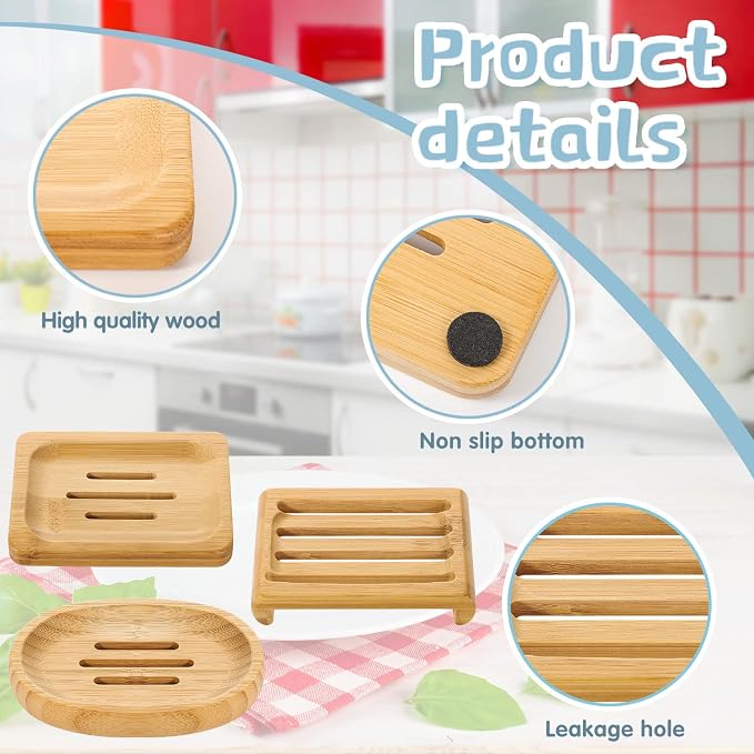 Pimoys 12 Pcs Bamboo Soap Dishes, Wooden Soap Tray, Shampoo Bar Holder, Bar Soap Holder for Bathroom, Kitchen (3 Size)