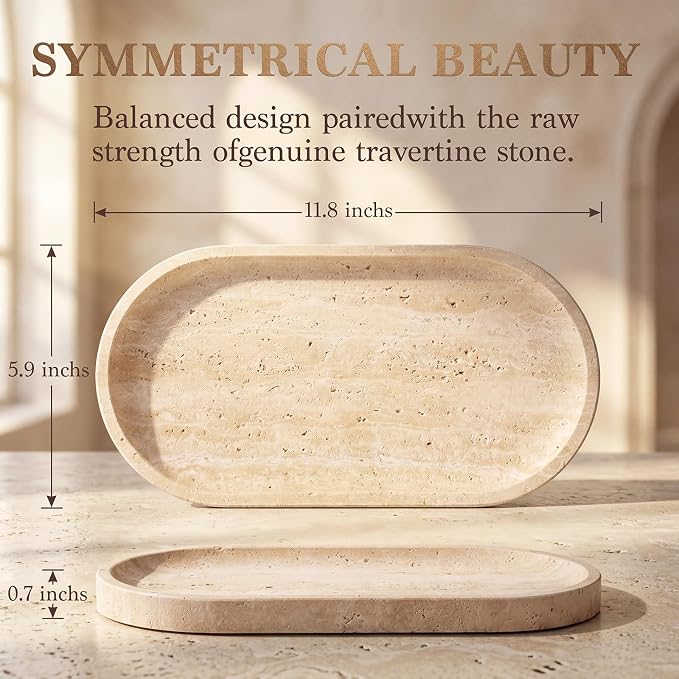 Natural Italian Travertine Tray Oval Decorative Marble Vanity Tray for Bathroom Countertop Hand-Polished Organizer for Kitchen Soap Jewelry Coffee Table Beige (11.8X5.9 Inch)