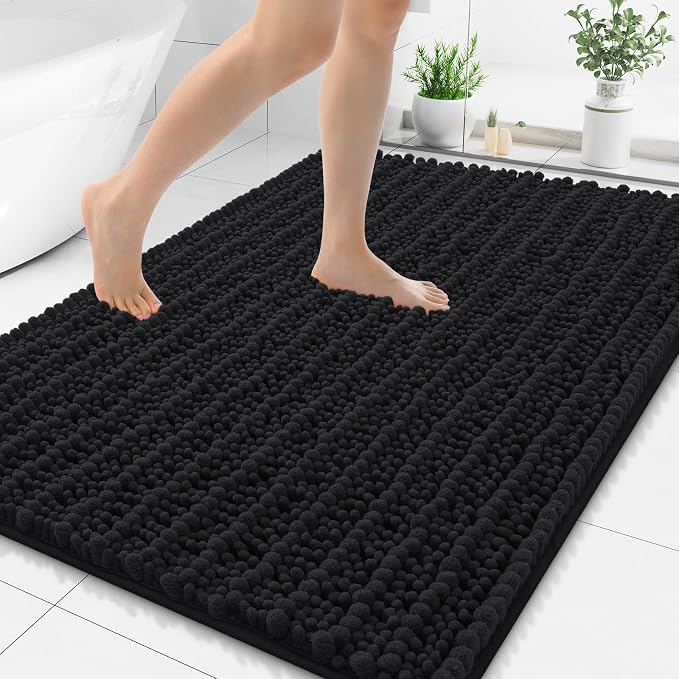 Smiry Bathroom Rugs 44X32, Extra Soft Rubber Backing Chenille Bath Mats | Black Machine Washable Non Slip Quick Dry Bath Mats for Bathroom Floor, Tub, Shower, Home Decor Accessories