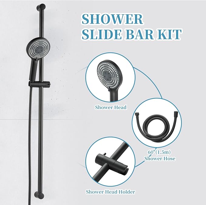 OFFO 6-Spray High Pressure Handheld Shower Head Combo with Adjustable 40 in Slide Bar and 60 in Stainless Steel Hose, Matte Black