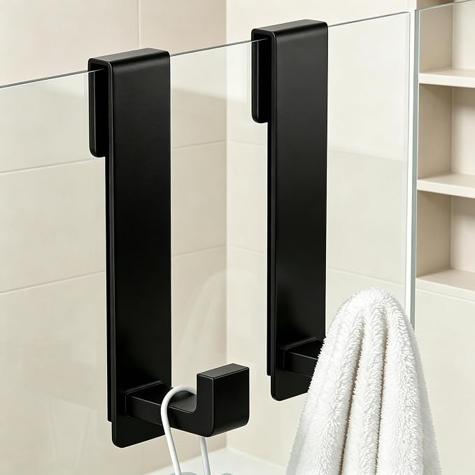 WUIVIUT Heavy-Duty Stainless Steel Over The Glass Door Shower Hooks - Towel Hooks for Fits 3/8" (10mm) Thick Shower Glass Door Bathroom Holder for Washroom(L Shape, 2 Pack)