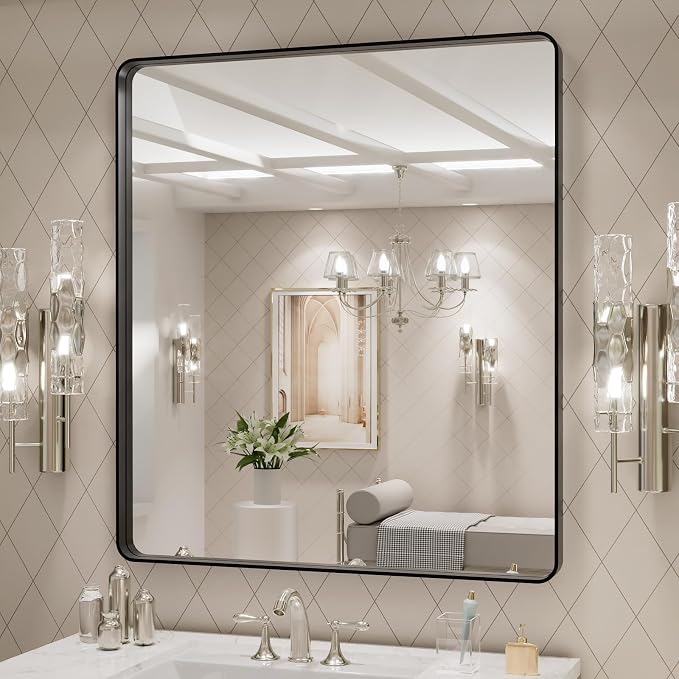 LOAAO 32x36 Inch Black Bathroom Mirror Metal Framed | Matte Black, Rounded Rectangle, Anti-Rust, Tempered Glass, Hangs Horizontally or Vertically, Wall-Mounted