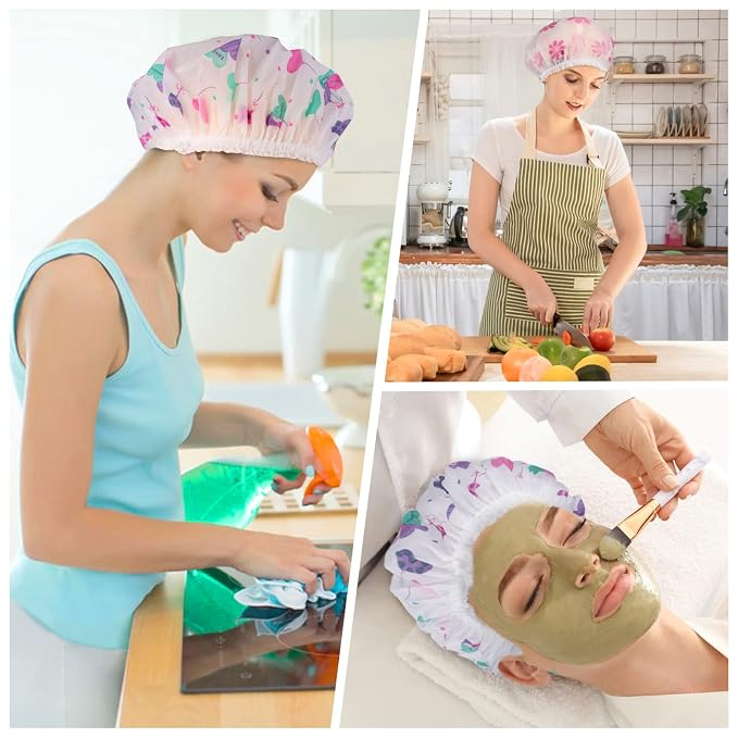 6 Pcs Shower Caps, Waterproof Bath Caps Plastic Reusable Shower Caps Elastic Band Bath Hair Caps for Women Kids | PE material, 10.6 in, elastic fit, travel-friendly, for women, kids, bathing, makeup, hair care, cooking