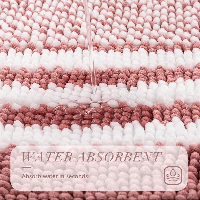 Large Bathroom Rugs Runner, 20x47 Chenille Bath Mats, Dusty Pink | Extra Soft Absorbent, Non Slip Striped, Quick Dry Machine Washable, Modern, Shower Rug for Bathroom Bedroom Decor