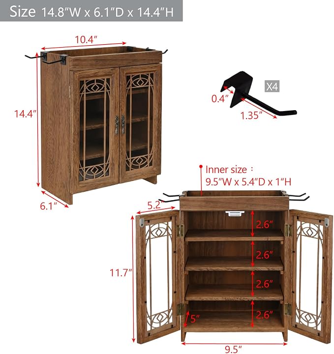 Ikee Design 4-Tier Small Wooden Countertop Storage Cabinet with Adjustable Shelves and Doors, Removable Hooks, Perfect for Perfume, Pantry, Essential Oil, Collection, 14.8W x 6.1D x 14.4H in, Brown