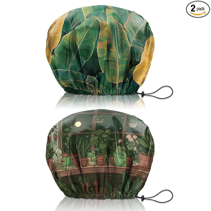 2 PCS Shower Cap Reusable Waterproof Double Layers Hair Caps Shower Bath Adjustable Elastic Hat for Women Girls Cute Aesthetic-Leaf Frog