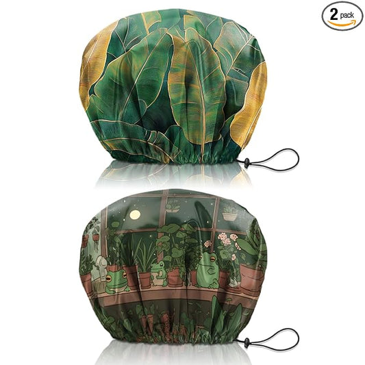 2 PCS Shower Cap Reusable Waterproof Double Layers Hair Caps Shower Bath Adjustable Elastic Hat for Women Girls Cute Aesthetic-Leaf Frog