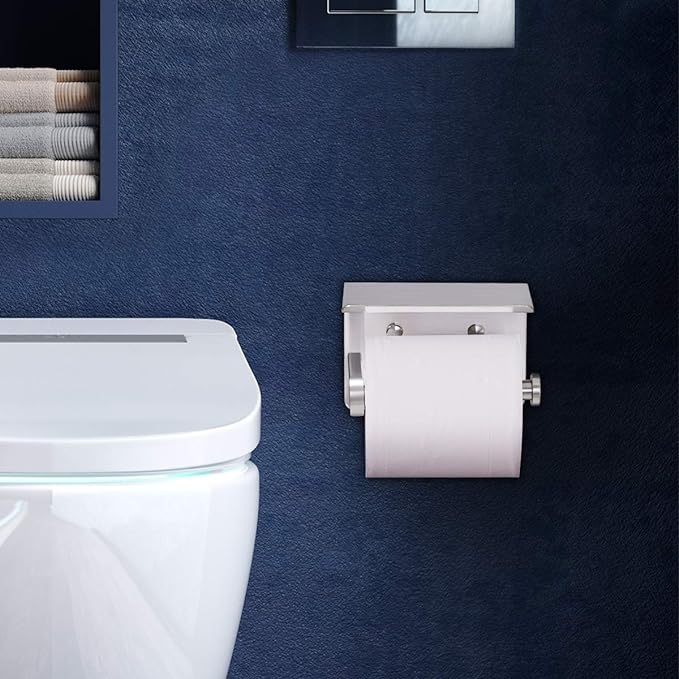 VAEHOLD Self Adhesive Toilet Paper Holder with Phone Shelf Stainless Steel Wall Mounted Toilet Paper Roll Holder - Rustproof and Bathroom Washroom Tissue Roll Holder with Storage Shelf - Silver