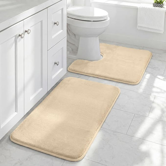 Bathroom Rugs Sets 2 Piece, Non-Slip & Quick Dry Bath Mat Set, Ultra Soft Velvet Bath Rugs for Bathroom, Toilet and Shower Floor, Light Coffee