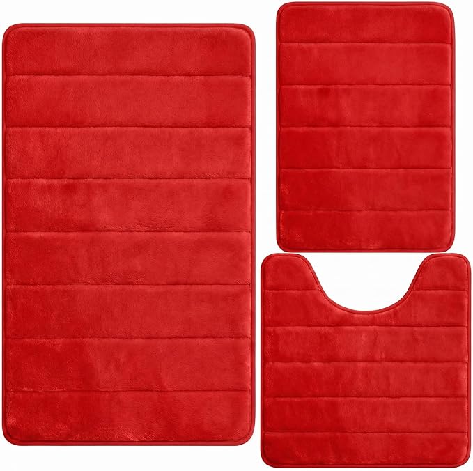 Bathroom Rugs Set 3 Piece, Memory Foam Bath Rugs, Non Slip Washable Bathroom Rug Set, Extra Soft Absorbent Bath Mats with U-Shaped Toilet Rug, Red