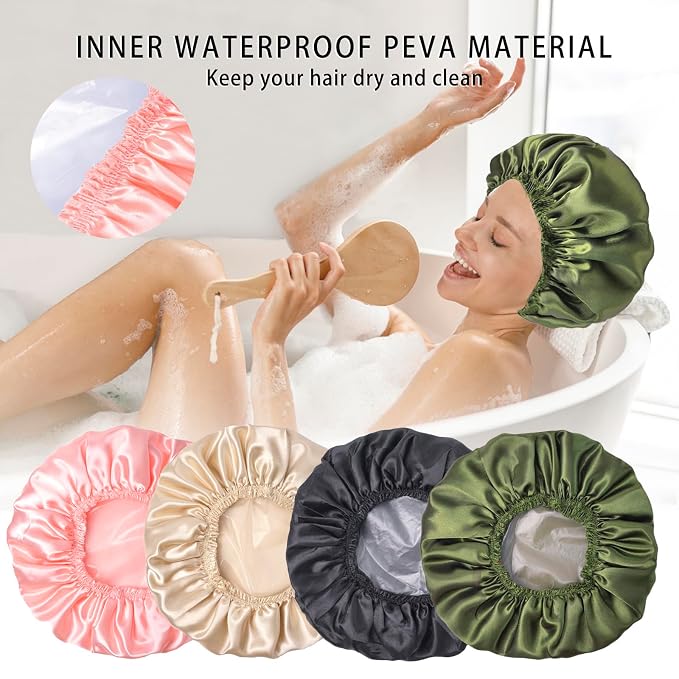 Shower Caps for Women, 4 PCS Reusable Waterproof Bath Cap | Double Layer, Washable, Wide Elastic Band, Holds Long Hair, Caps for Bath Accessories, Spa, Travel Home - Solid Color B