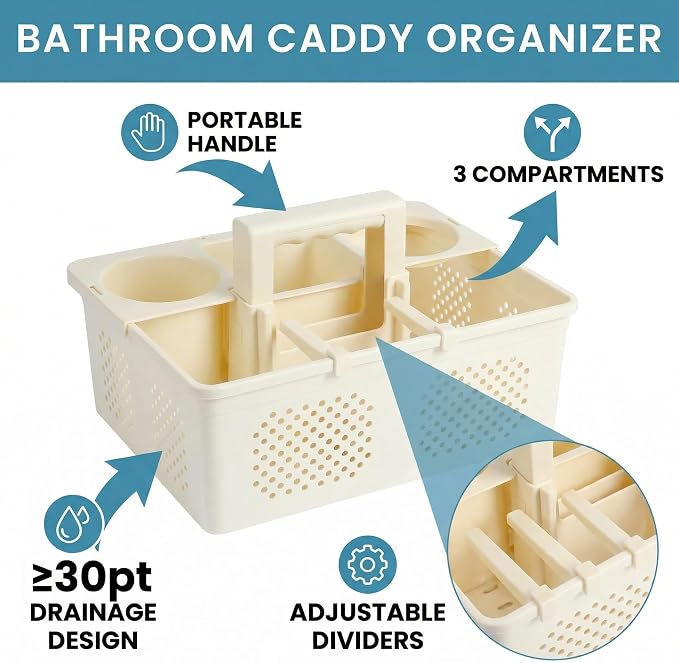 KMV Dorm Room Portable Shower Caddy with Adjustable Compartments - Ventilated Drainage Design with Handles, Perfect Toiletries Organizer for College Dorms-beige