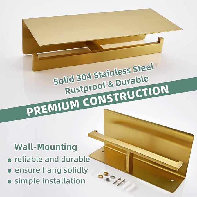 APLusee Brushed Dark Gold Double Toilet Paper Holder with Shelf, Heavy Duty 304 Stainless Steel Tissue Holder for Bathroom with Storage, Commercial Paper Roll Dispenser Wall Mounted