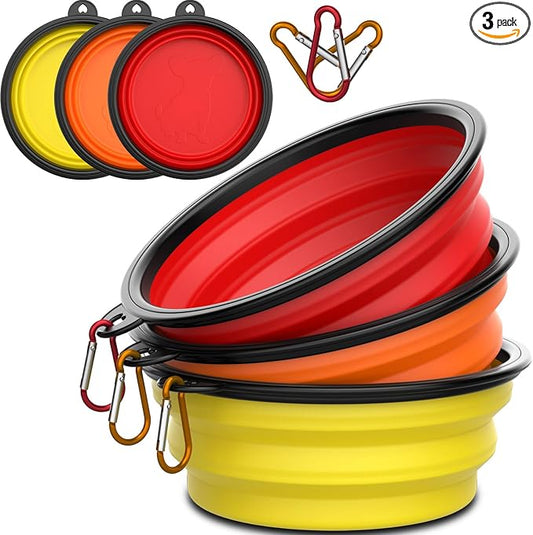 3 Pack Collapsible Dog Bowl Travel Portable Pet Bowls [34oz,1000ml],Expandable Foldable Food Water Feeding Dishes for Traveling Hiking Walking,with Carabiners [Red,Orange,Yellow]