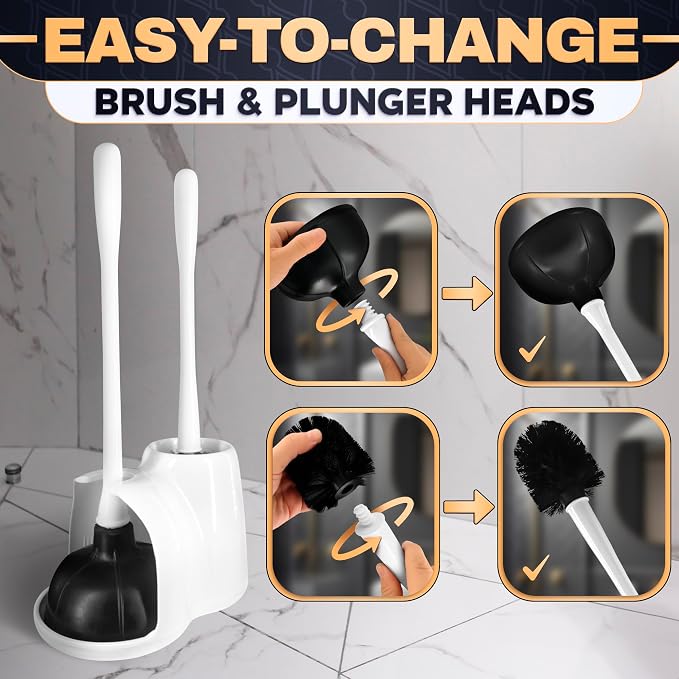 2 in 1 Toilet Plunger and Brush Set White - Toilet Brush and Plunger Set White with Stiff Bristles, Strong Vacuum Suction and Holder - Space-Saving Stand, Fits Most Standard Toilets, 9.3×6.3×15.2 inch