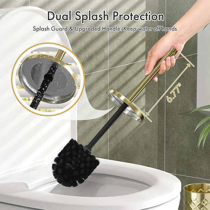 Toilet Bowl Brush and Holder Set 2 Pack with 4 Extra Brush Heads (Gold) | Extra Long Handle with Splash Guard Cover, Tool-Free Installation, Bathroom Space-Saving, Cleaner Sets for Apartments, RV