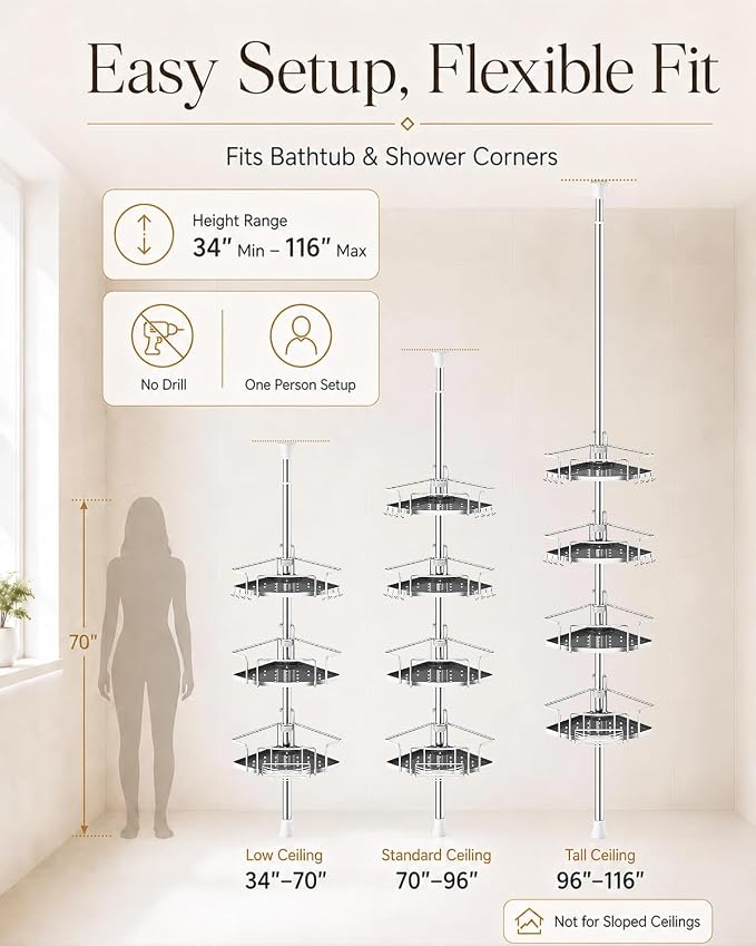 ALLZONE Corner Shower Caddy Tension Pole, 4 Hang-On Basket with Mixed-Height Shelves for Various Bottle Sizes, Extra Hooks & Soap Holder, Rustproof Stainless Steel, Fits 34–116 Inch, Silver/Dark Gray