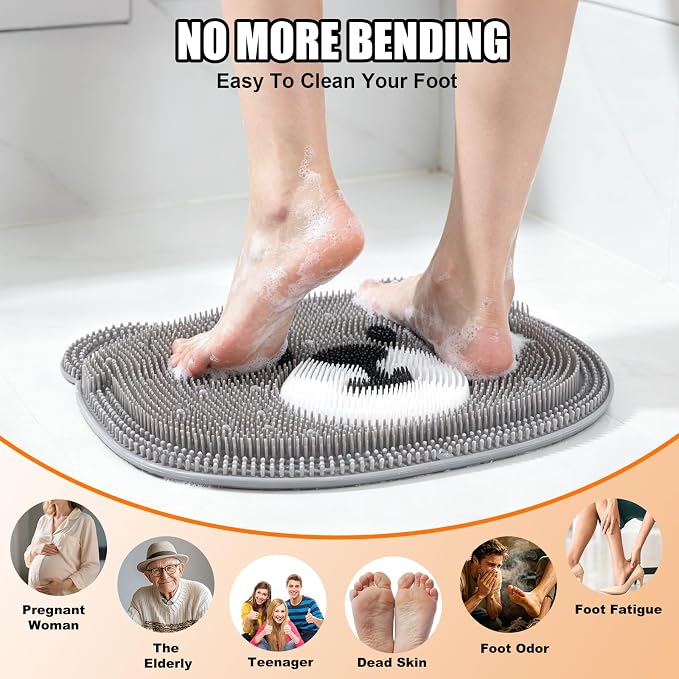 Kalolary Silicone Shower Foot Scrubber Mat，Back Exfoliating Cleaner Foot Scrubber in Shower with Non-Slip Suction Cups Cleaner Brush to Exfoliate and Massage Feet Without Bending Over (Cute Bear)