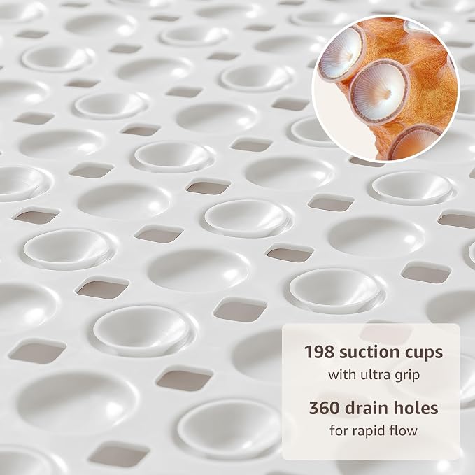 OTHWAY Bath Tub Shower Mat Non Slip, Bathtub Floor Liner Mats for Inside Shower Bathroom, Suction Cups and Drain Holes for Feet Scrubbing, Machine Washable, Soft on Feet, 35x16 Inch, White