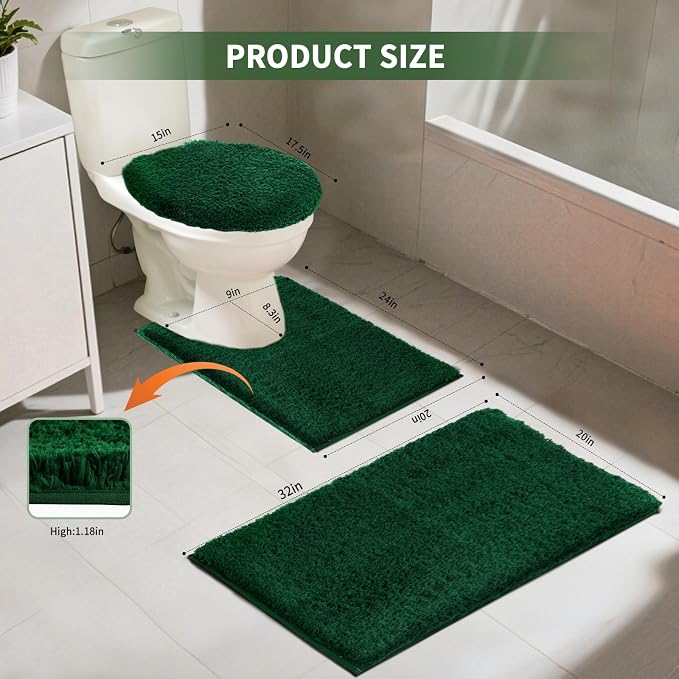 Bathroom Rugs Sets 3 Piece with Toilet Seat Cover 17.5"x 15" | Machine Washable Bath Rug Set with Tpr Non Slip Rubber Backing Solid Bath Mat Set for Luxury Bathroom Decoration