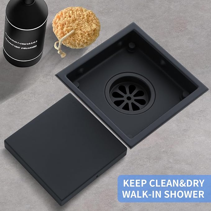 4-Inch Square Shower Drain, Matte Black Floor Drain with Flange, 304 Stainless Steel Bathroom 2-in-1 Tile Drain