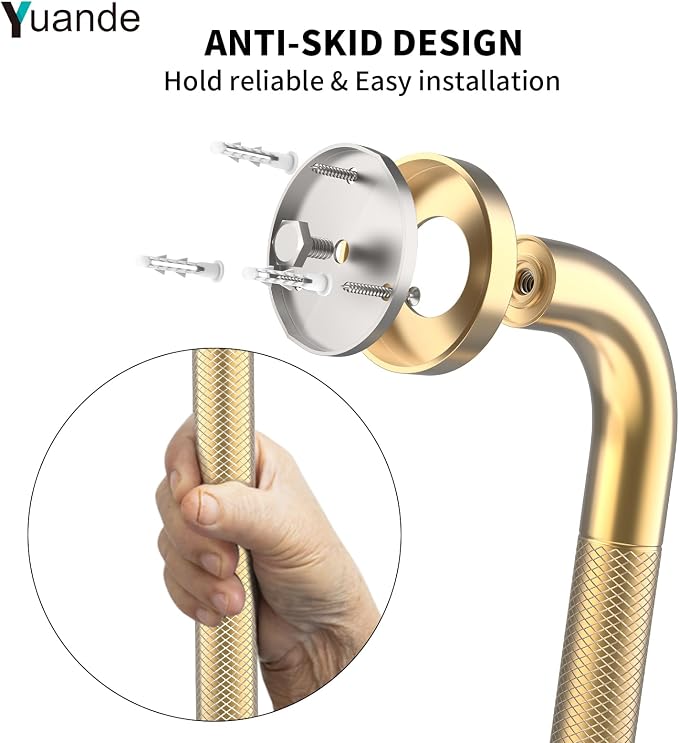 24 Inch Anti Slip Shower Grab Bar, YuanDe Brushed Gold Stainless Steel Bath Grab Bar, Knurled Bathroom Safety Rail, Shower Handrail Support, Handicap Elderly Balance Assist Handles-1.25" Diameter