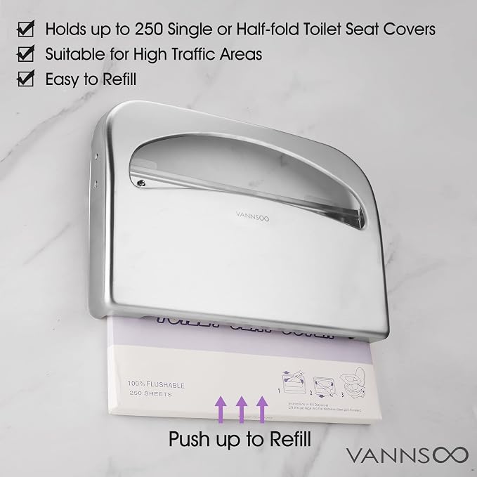 Toilet Seat Cover Dispenser - Stainless Steel Wall Mount Toilet Seat Cover Holder for Commercial Bathroom, 250 Single or Half Fold Seat Covers Capacity (Brushed)