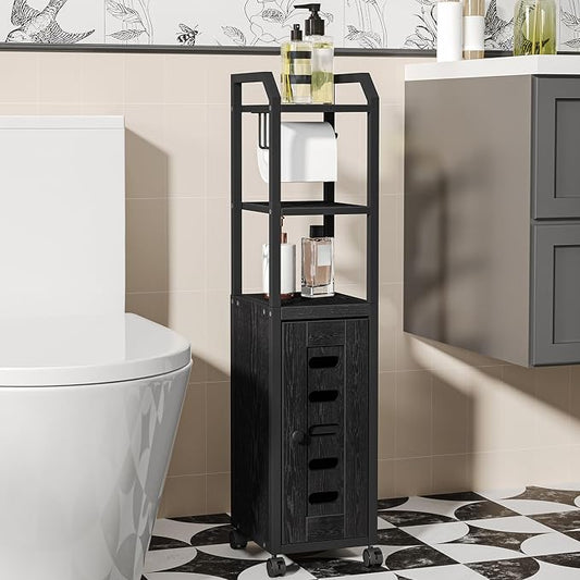 Hzuaneri Bathroom Storage Cabinet - Toilet Paper Storage Cabinet, Small Toilet Paper Holder with 4 Wheels, Bathroom Organizer with Adjustable Shelf, for Small Spaces, Black BC04604X