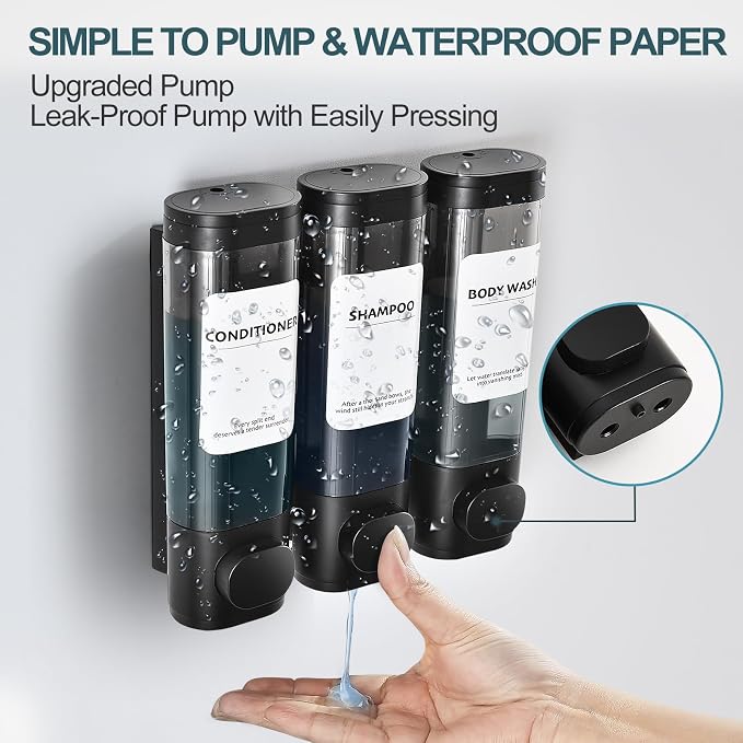 Shampoo Conditioner Shower Soap Dispenser 3 Chamber Wall Mount Black | Refillable. Leakproof 900ml. No-Drill Wall Mount. Soap, Shampoo, Conditioner, Body Wash, Shower Gel, Bathroom Set. BPA-Free.