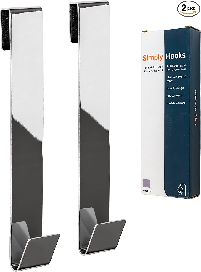 8" Shower Hooks, Chrome, 2 Pack - Shower Towel & Door Hook for Frameless Glass Door
