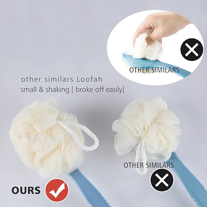 Shower Body Brush Bristles & Mesh Loofah Sponge,Curved Handle Back Scrubber | Long Handle Bath Brush with Mesh Sponge for Skin Exfoliating,Massage Bristles Suitable for Wet or Dry,Men & Women (Orange)
