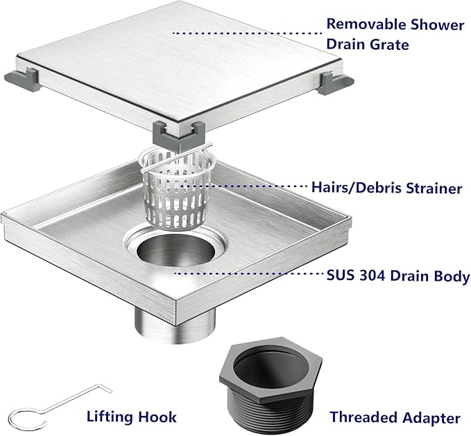 Neodrain Square Shower Drain with Removable Tile Insert Grate,304 Stainless Steel, CUPC Certified, Includes Hair Strainer (Brushed, 6 in)