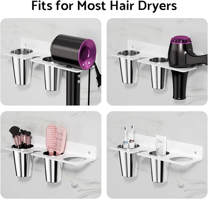 HIIMIEI Hair Tool Organizer Wall Mount, White Acrylic Hot Tool Holder with 2Cups, Bathroom Hair Styling Accessories Storage Organizer for Flat Iron, Blow Dryer, Curling Wand