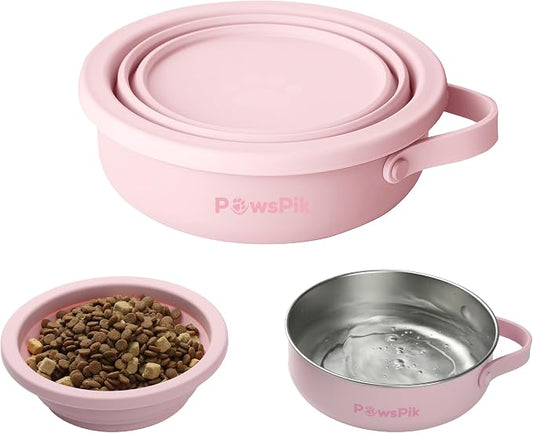 2-in-1 Travel Dog & Cat Bowl – Collapsible BPA-Free Silicone | 18/8 Stainless Steel, Portable & Non-Slip with Handle, Easy to Clean, Food & Water Bowl for On-the-Go Pets