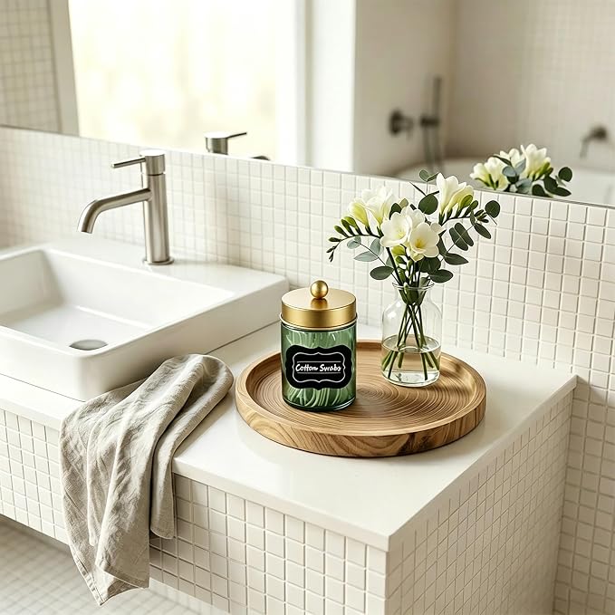 Amolliar 2Pc Glass Qtip Dispenser Holder Bathroom Vanity Storage Organizer Set -Countertop Canister with Metal Lids &Stickers Apothecary Jars for Cotton Swab, Floss Picks(Green-golden Lid)