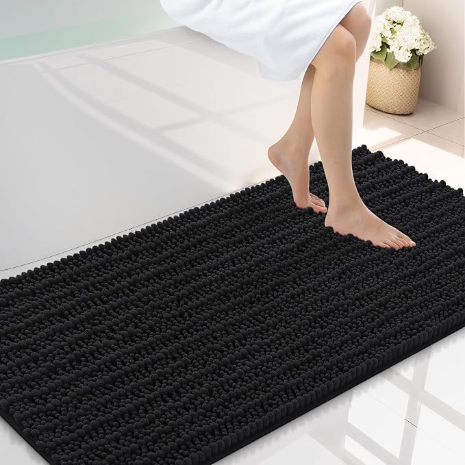 Smiry Bathroom Rugs 44X24, Extra Soft Rubber Backing Chenille Bath Mats | Black Machine Washable Non Slip Quick Dry Bath Mats for Bathroom Floor, Tub, Shower, Home Decor Accessories