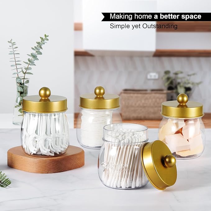 SheeChung 4 Pack Acrylic Mason Jar Qtip Holder Dispenser with Labels, Gold | Small Plastic Apothecary Jars,Vanity Canisters for Cotton Swabs,Balls,Floss Picks,Bathroom Storage Organizers,Farmhouse Decor