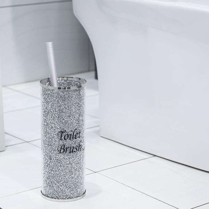 Lmaray Silver Crushed Crystal Toilet Brush Holder, Bling Toilet Brush Holder for Home Toilet Bowl Cleaner Brush Bathroom Scrub Brush, 10.2" Height