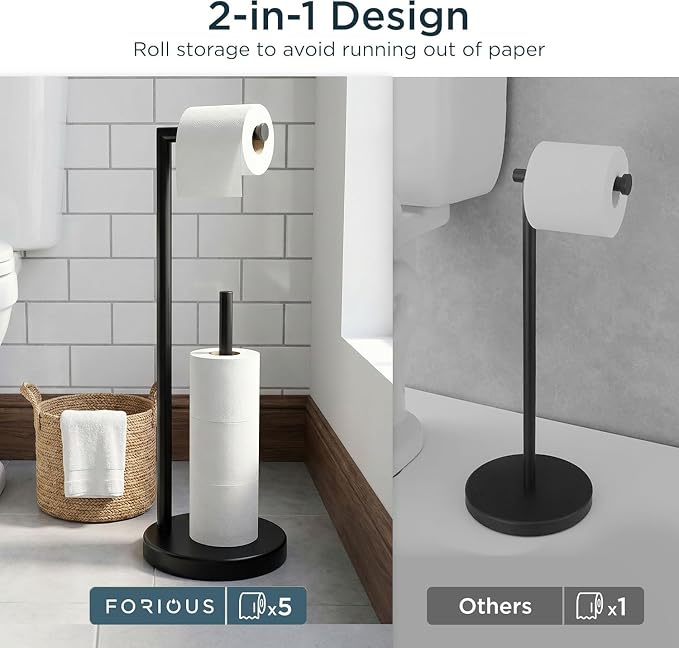 FORIOUS Toilet Paper Holder Stand with Storage for 4 Rolls, Matte Black | Modern Freestanding SUS 304 Stainless Steel Bathroom Tissue Roll Organizer with Heavy Anti-Slip Weighted Base