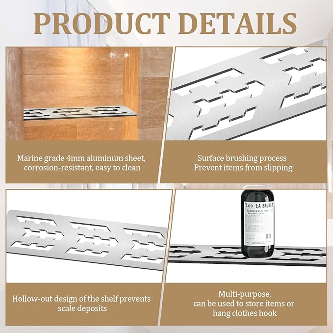 Rectangular Shelf for 12 Inch Tile Prefabricated Niches, Shower Niche Shelf with Brushed Anodized Aluminum Finish, Fits 1/8 inch Grout Lines Shower Niche Insert